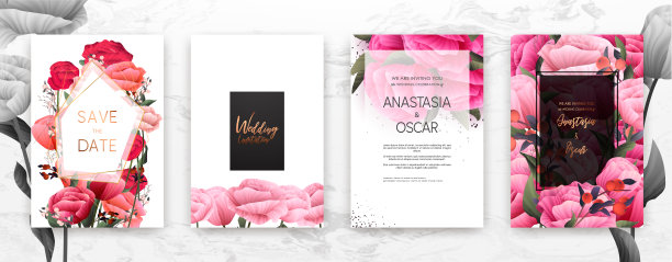 婚礼邀请框集:花，叶水彩，最小矢量。图片下载