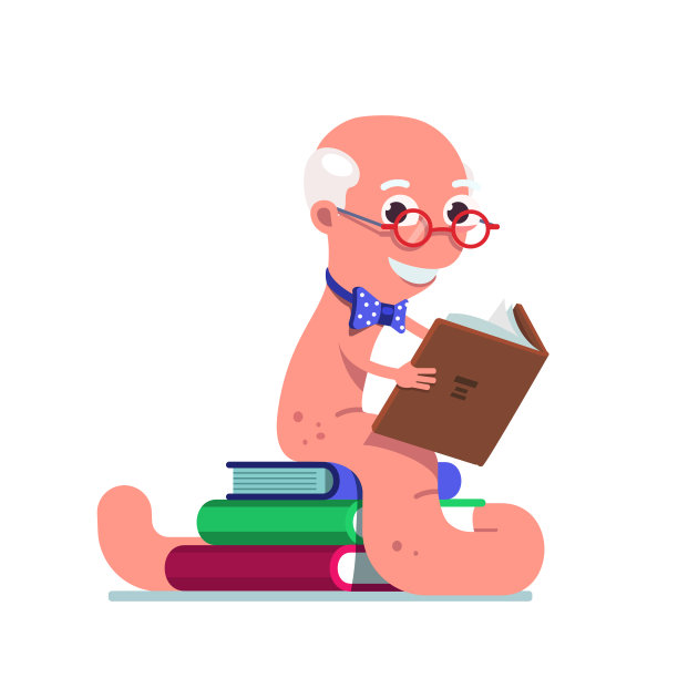 老书虫老书虫坐在一堆书上看书。平面矢量剪贴画插图。图片下载