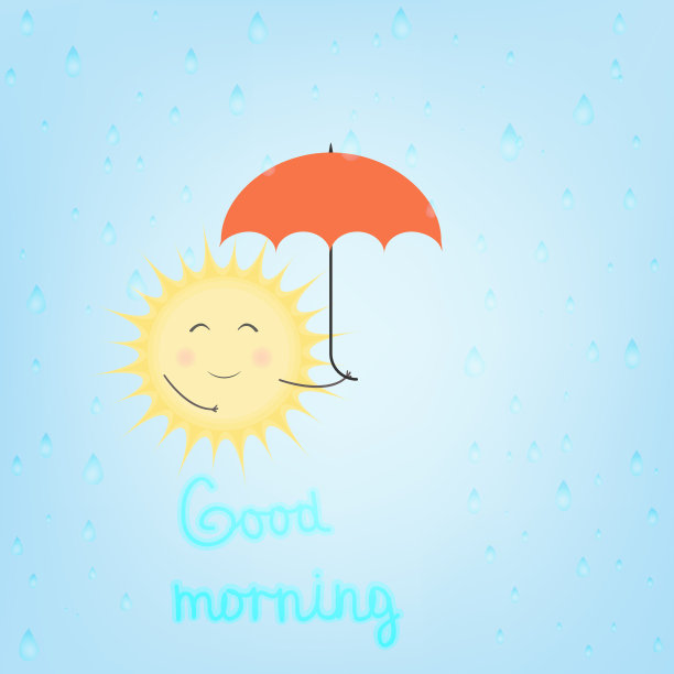 微笑的太阳与雨伞在雨和字母早上好在蓝色背景矢量插图。图片下载