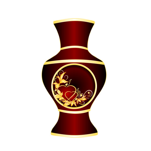 黑色和红色的瓷器金色装饰心花瓶和叶复古矢量插图编辑图片下载