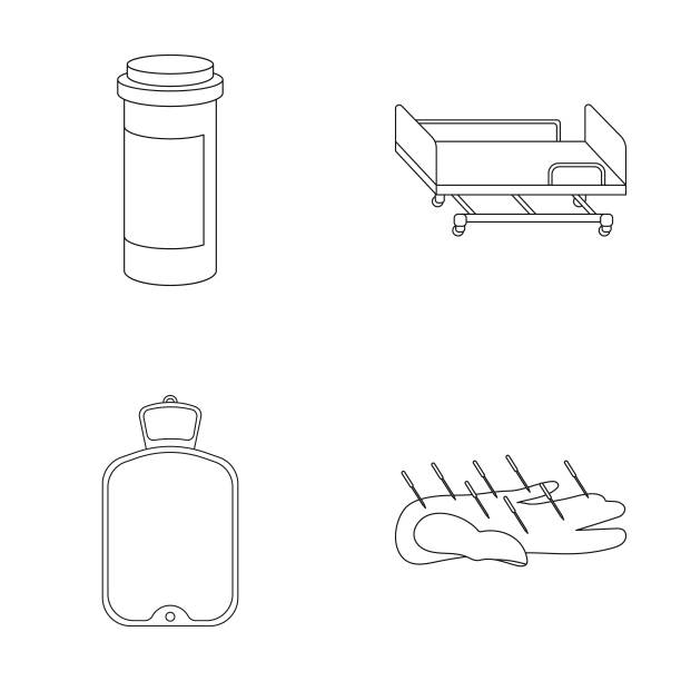 电热垫医院轮床针灸Mtdicine集合图标在轮廓风格向量符号股票插图web。图片下载