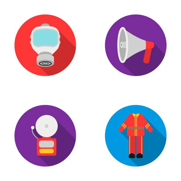 防毒面具，扩音器，警报器，制服。消防部门设置收集图标在平面风格矢量符号股票插图web。图片下载
