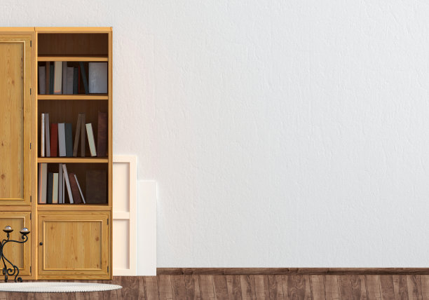 经典的内饰，配有书柜。墙模型。3 d演示。图片下载