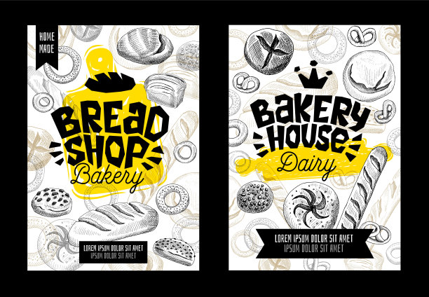 食物海报烘焙卡定格素描风格。集现代素描元素包装、海报、卡片设计。图片下载