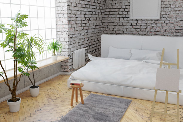 卧室的3d渲染与白色砖墙和拼花地板图片下载
