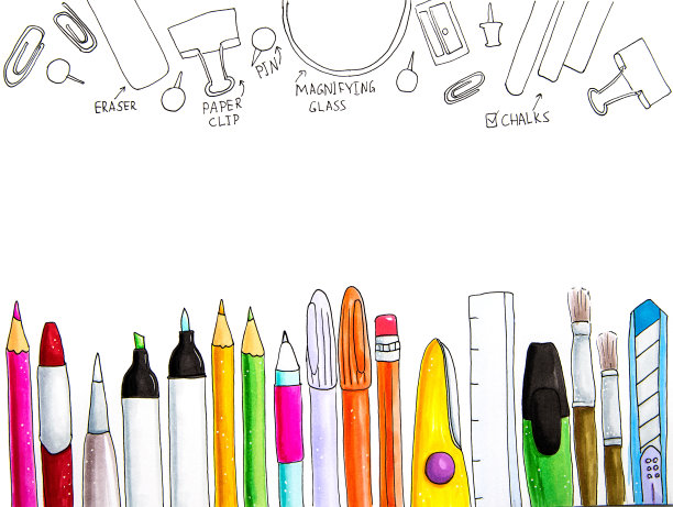 白色背景与不同的文具手绘插图素材图片