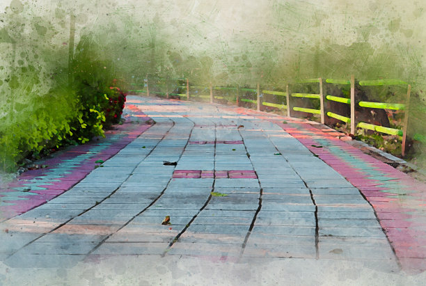 花园水彩步道块石。艺术背景复古风格图片下载