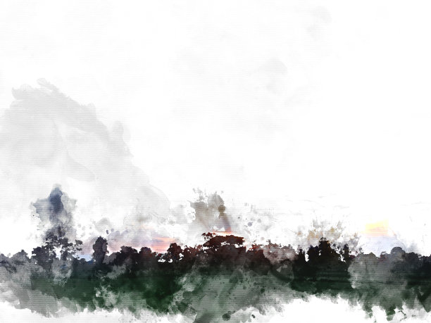 美丽的阳光和田野景观傍晚在水彩画的背景。图片下载