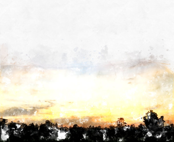 美丽的阳光和田野景观傍晚在水彩画的背景。图片下载