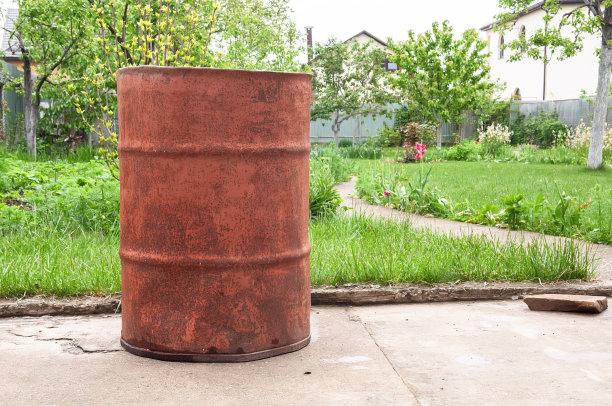 绿色花园里生锈的桶图片下载