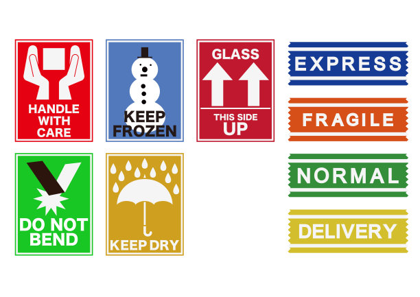 包装贴纸说明。材料包装。航运公司的标签。航运公司的标志。交付贴纸。图片下载