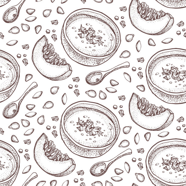 南瓜奶油汤矢量无缝模式。孤立手绘汤碗，勺子，切片南瓜和种子。蔬菜涂鸦风格的背景。详细的素食示意图。图片下载