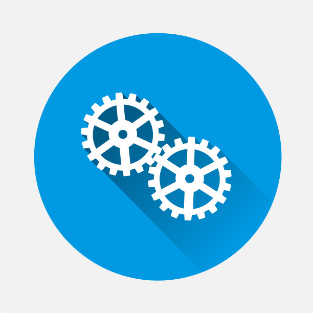 蓝色背景上的两个齿轮。平面图像齿轮与长影子。图层分组便于编辑插图。为你的设计。素材图片