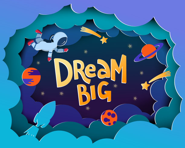 大梦想。卡通风格的贺卡与宇航员，行星，星星，火箭。排版空间主题海报。励志名言。图片下载