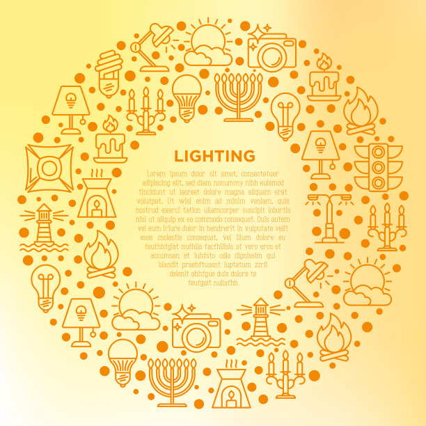 灯管，LED，节能灯，蜡烛，台灯，阳光，聚光灯，闪光灯，烛台，篝火，烛台，灯塔。矢量插图，打印媒体模板。图片下载