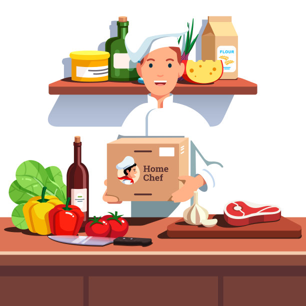 厨师长戴着厨师帽，拿着食材送货箱，放在厨房的台面上，随时准备做饭。平风格向量图片下载