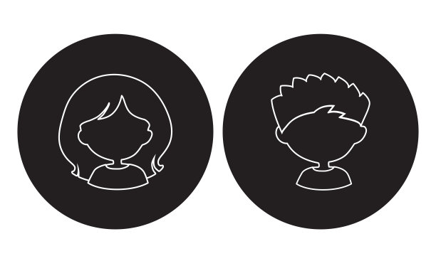 简单的头像女孩和男孩与白色的线在黑色的圆形背景-向量图片下载