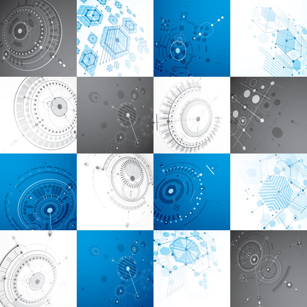 设置矢量包豪斯背景与网格和重叠的几何元素，圆圈和蜂巢。复古艺术品，技术风格的立体图形模板的广告海报。图片下载