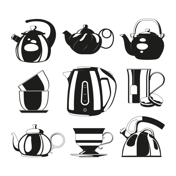 黑色的水壶。矢量剪影的各种茶壶图片下载