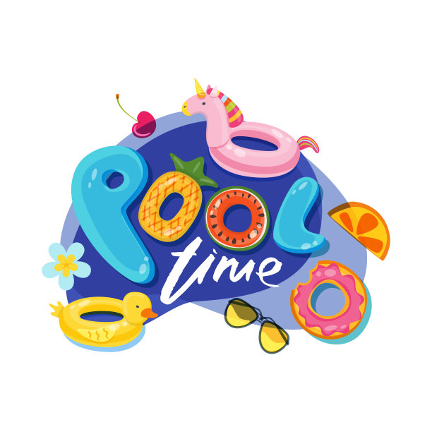 游泳池时间字母。矢量标签，不干胶或印刷设计。独角兽和鸭子玩具。涂鸦插图图片下载