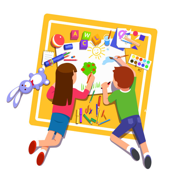 孩子男孩和女孩躺在地毯上的玩具，用画笔，马克笔和铅笔在纸上画一幅画。平的孤立的向量图片下载