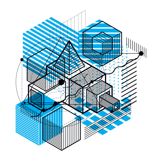 抽象三维图形组成，矢量等距背景。由立方体、六边形、正方形、长方形和不同的抽象元素组成。图片下载