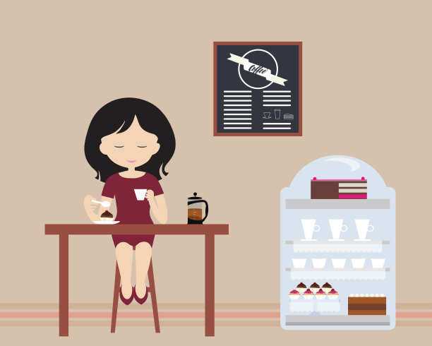 年轻女子坐在咖啡馆或糕点店的桌子后面的椅子上，喝着白色咖啡杯-平面设计向量图片下载