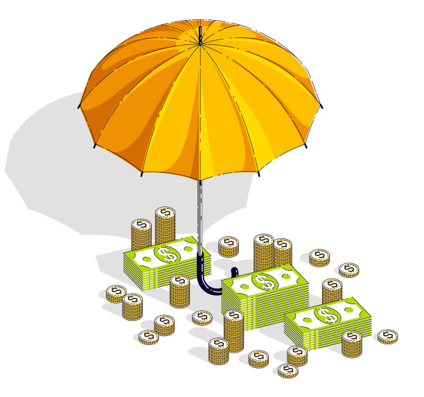 保险概念，伞上有现金，钞票堆和硬币孤立在白色背景上。矢量三维等距商业和财务插图，细线设计。图片下载