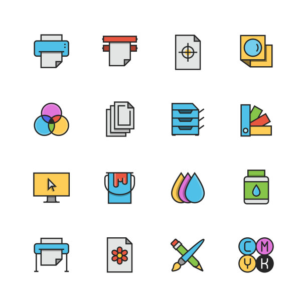 打印矢量图标设置在彩色轮廓风格图片下载