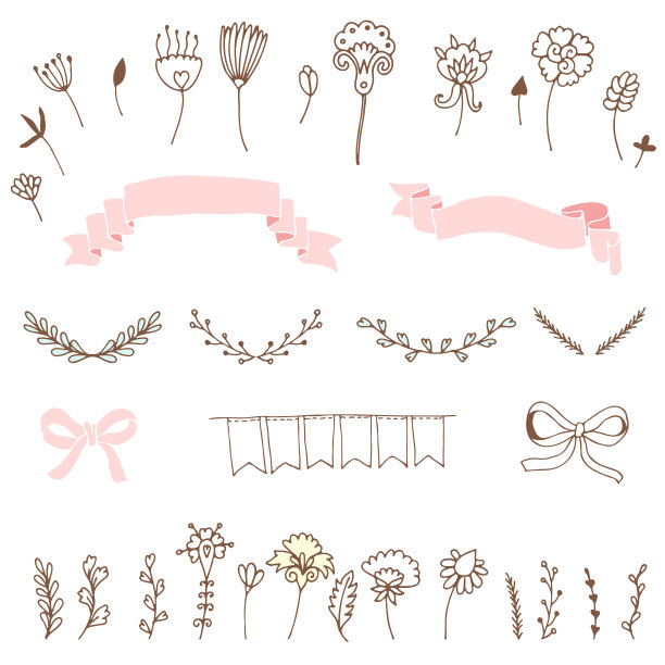 一套浪漫的鲜花，丝带，月桂花环素材图片