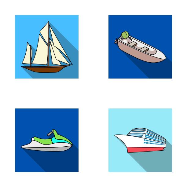 古代帆船、摩托艇、踏板车、海上班轮。船和水运输集收集图标在平面风格矢量符号股票插图网。图片下载