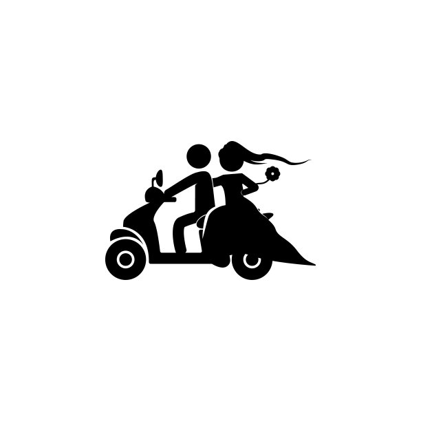 摩托车上一对新婚夫妇的剪影。情人图标。婚礼元素图标。优质的平面设计。标志，符号收集图标为网站，网页设计图片下载