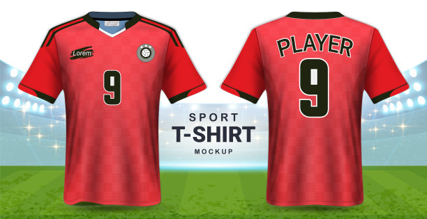 足球球衣和运动服t恤模型模板，现实的图形设计正面和背面的足球装备制服，容易的可能性应用你的艺术品，文本，图像图片下载