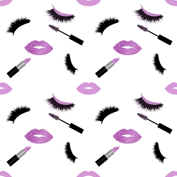 睫毛，睫毛膏，口红和嘴唇与闪光无缝矢量模式图片下载