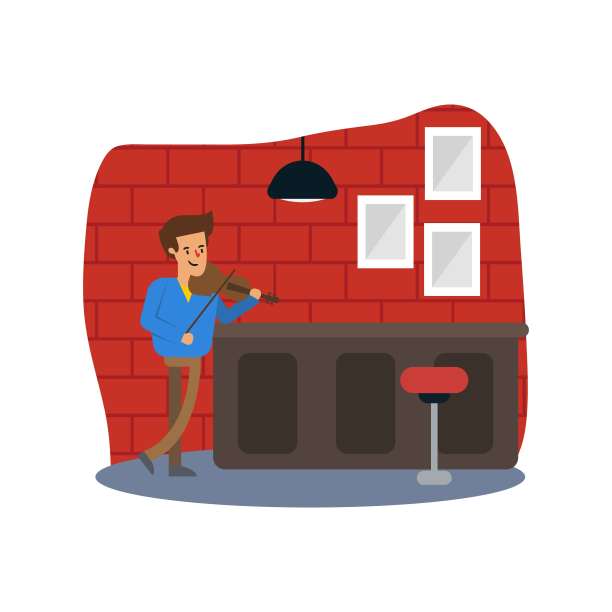 可爱的音乐家正在夜总会里演奏小提琴，卡通人物图片下载