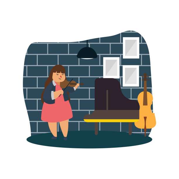 可爱的女音乐家正在夜总会里演奏小提琴，卡通人物图片下载