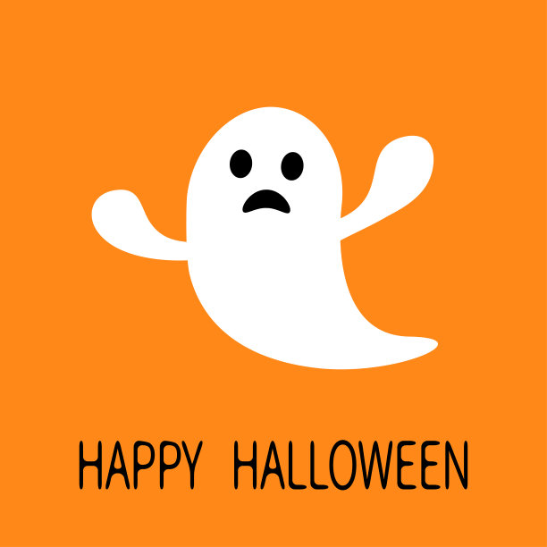 有趣的飞行鬼。悲伤的脸。万圣节快乐。贺卡。可爱的卡通人物。可怕的精神。宝贝收藏。橙色背景。平面设计。图片下载