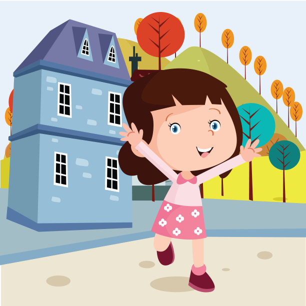 可爱的小女孩独自玩耍，高高兴兴地站在屋前图片下载