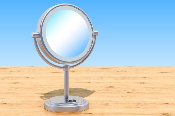 LED照明化妆台面镜，木桌放大，3D渲染图片下载