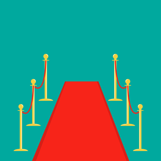 红地毯和绳障金色支柱旋转门孤立模板绿色背景。平面设计图片下载