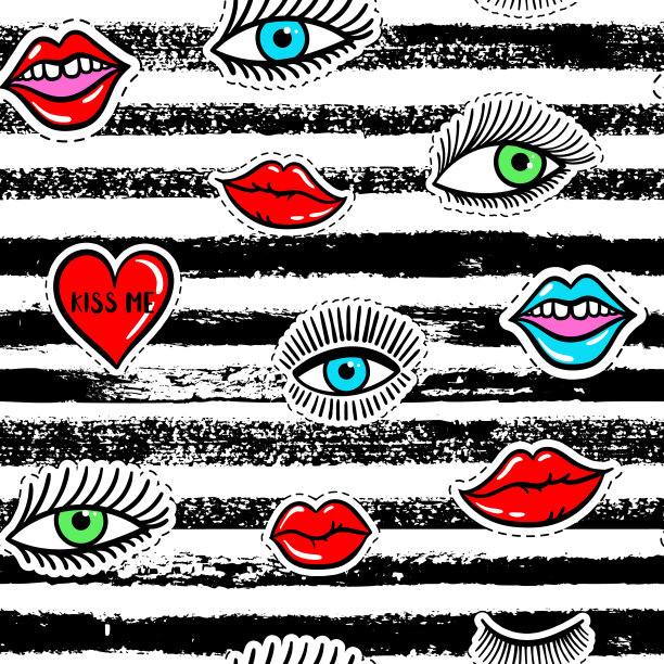 手绘时尚眼罩，红唇，心形无缝图案。矢量美插图的睁开和闭上眼睛为卡，衣服，背景。波普艺术贴纸，补丁，别针，徽章八九十年代风格图片下载