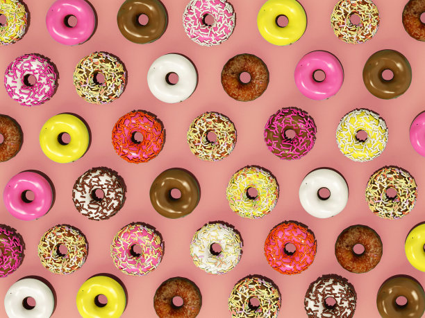 俯视图设置彩色甜甜圈图案的背景，3d插图图片下载