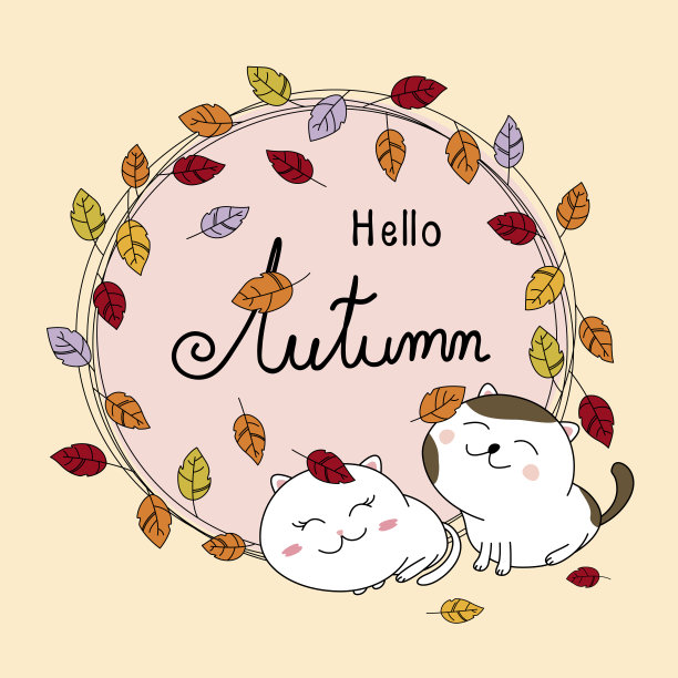 秋卡设计的一对猫和树叶落矢量插图图片下载