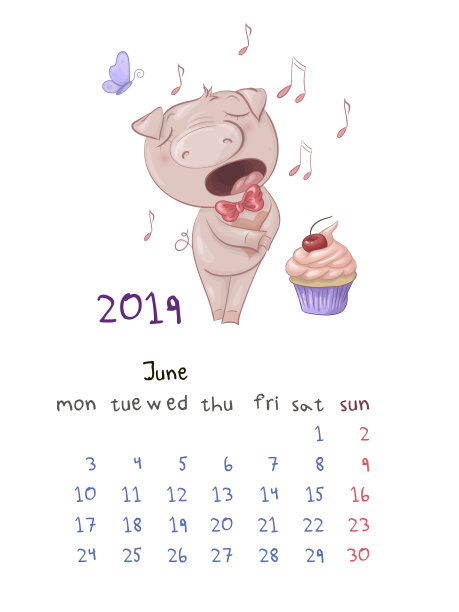 可爱卡通猪2019年月历素材图片