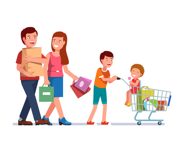 父亲和母亲提着购物袋，儿子推着购物车，购物车里装满了买的东西，蹒跚学步的妹妹坐在里面。平的孤立的向量图片下载