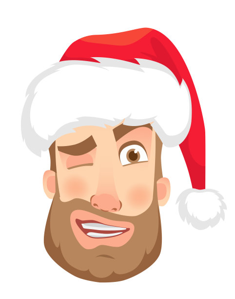 一个戴着圣诞老人帽的男人的头。男人脸上的表情。人类的情感。一套卡通矢量插图。眨眼图片下载
