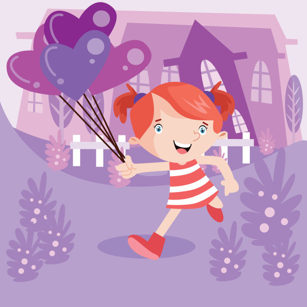 可爱的小女孩玩着紫色的心形气球、卡通人物，看起来开心又开朗图片下载