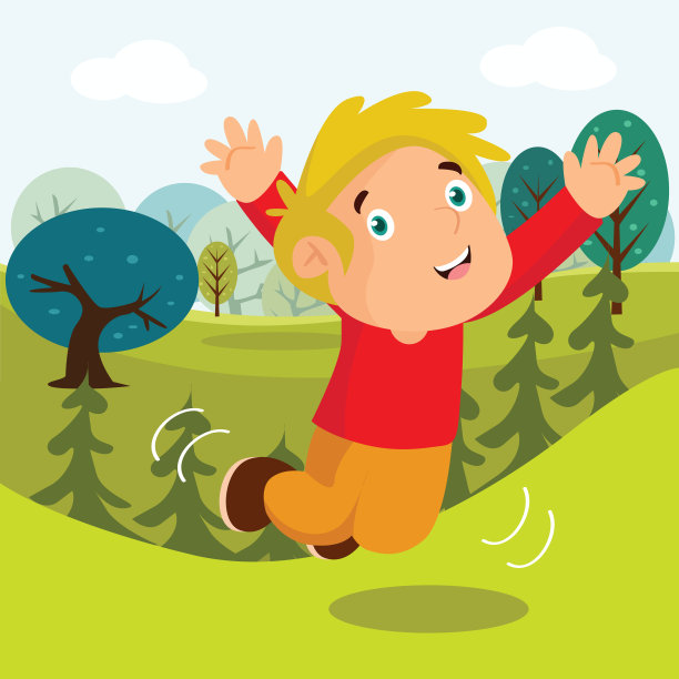 可爱的小男孩看起来兴高采烈的在绿色的草地上蹦蹦跳跳，卡通人物图片下载