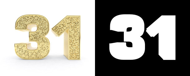 金色数字31(数字31)，白色背景，投影和alpha通道。三维演示图片下载