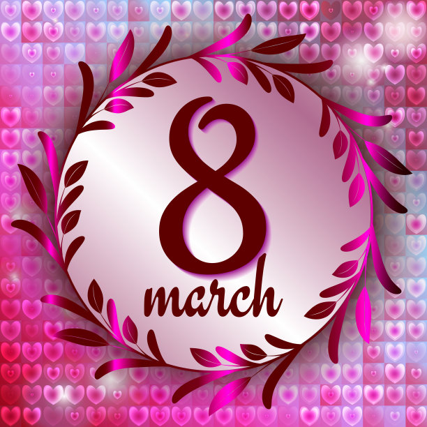 国际妇女节设计。贺卡与3月8日的文字和粉红色的花圈。图片下载